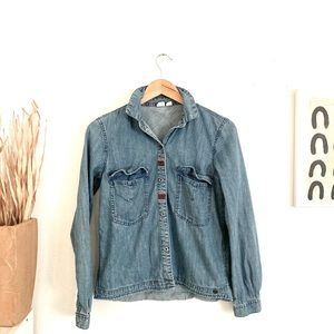 Roxy Denim Button Blouse w/ Embroidered Accents